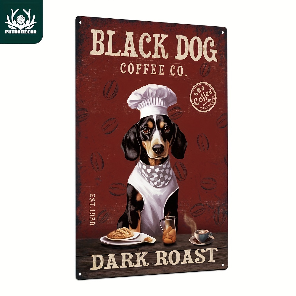 

1pc Coffee Metal Tin Sign, Black Dog Poster Painting, Vintage Plaque Wall Art Decor For Home Office Coffee Station, 7.8 X 11.8 Inches