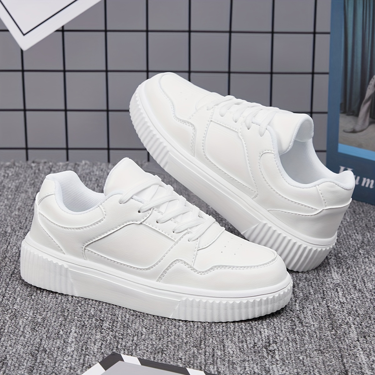 Women's Solid Color White Sneakers, Lace Up Soft Sole Platform Biscuit  Skate Shoes, Low-top Walking Shoes