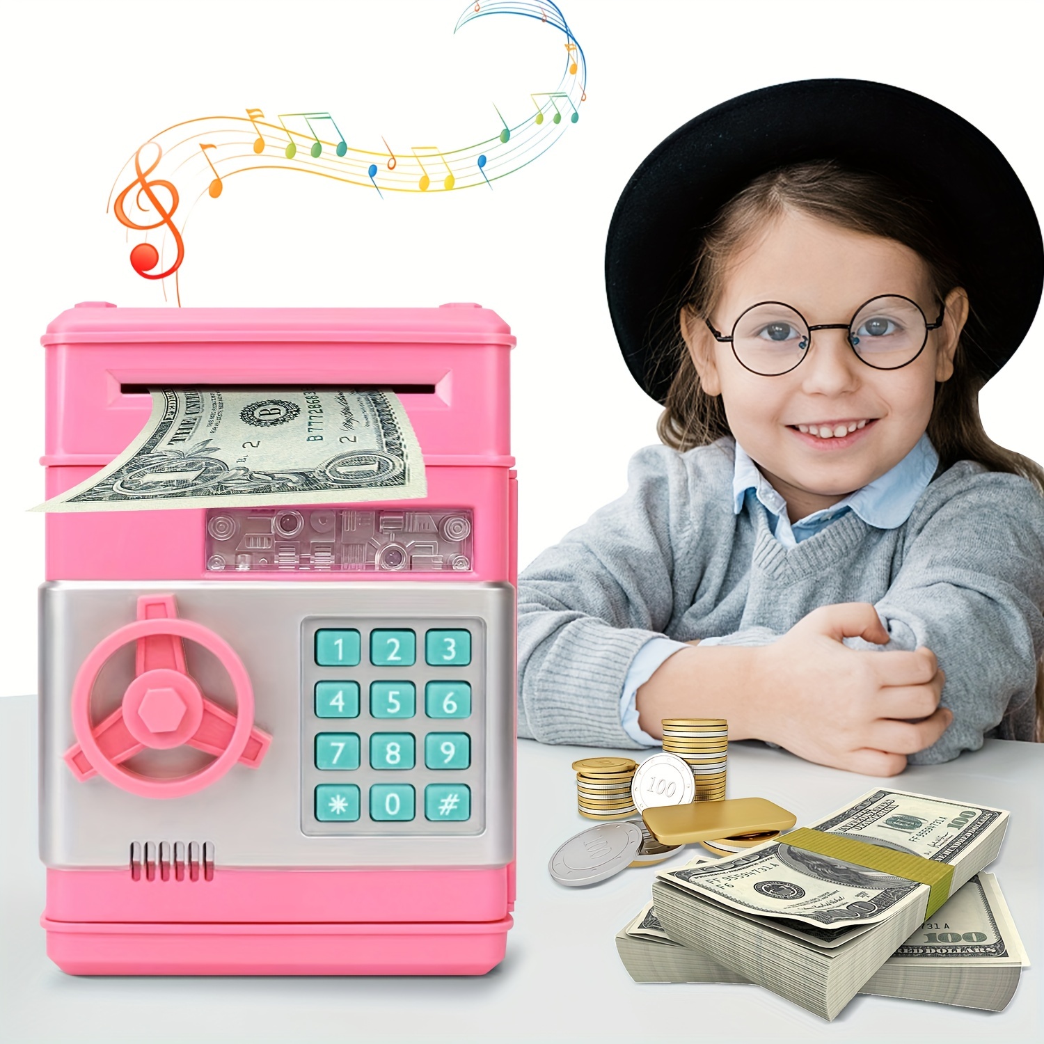 Hucha electrónica, caja de ahorro de billetes con ruedas automática, hucha  con contraseña de cajero automático, juguete perfecto para regalo (rosa)  Levamdar LT406-2