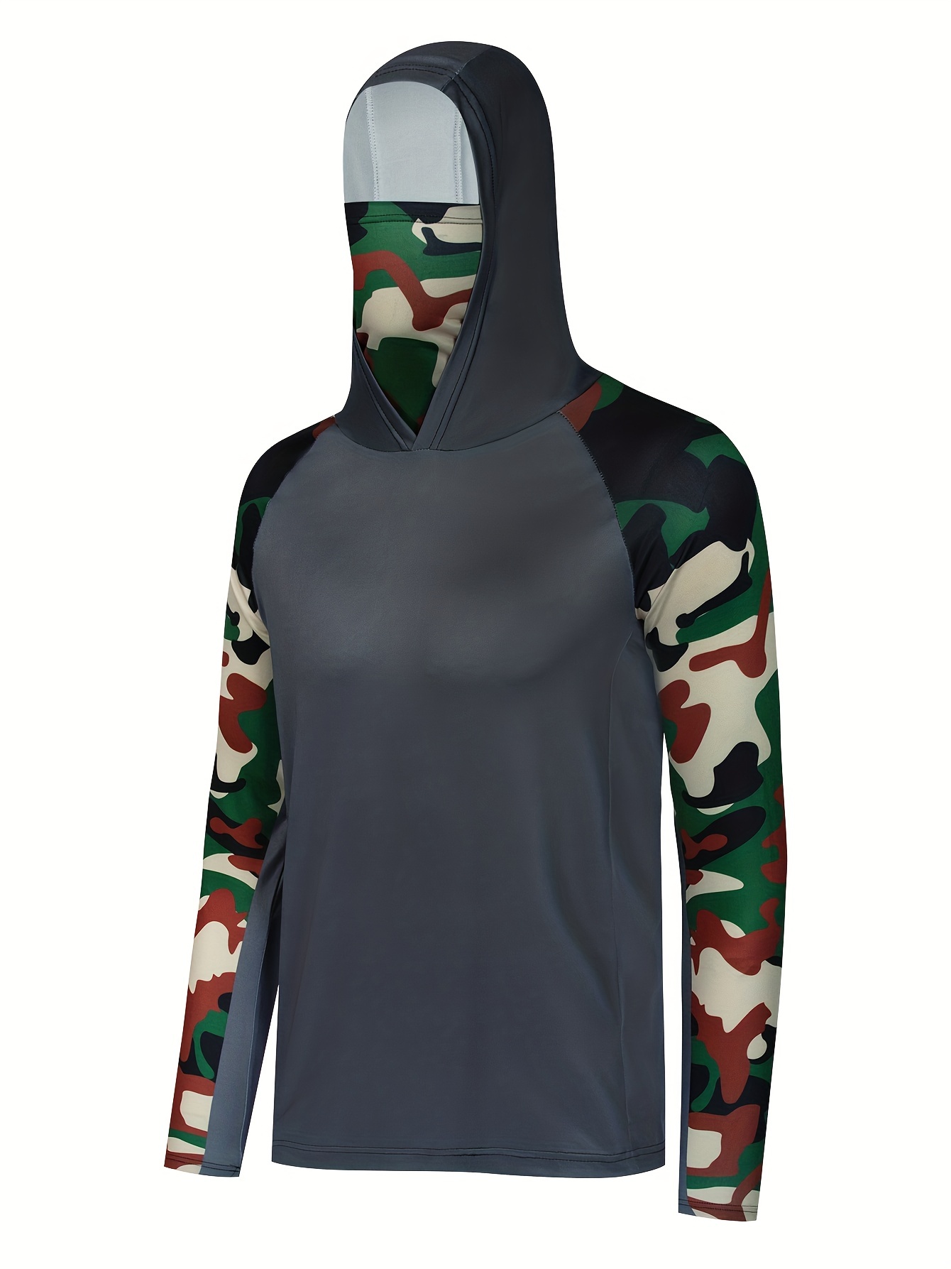 Men's Raglan Sleeve With Camouflage Pattern Hoodie With Mask, Anti-UV Sunscreen Sun Protection Fishing Shirt Breathable Quick Dry Hooded Fishing