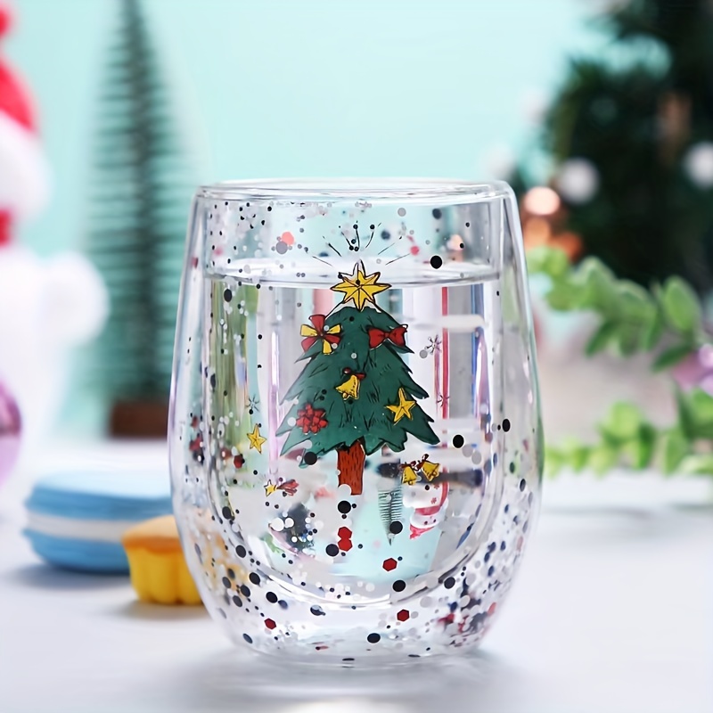 WARL Tasse à café en verre de Noël avec couvercle, gobelet en verre  isotherme à double paroi de Noël, cadeaux de Noël pour Thanksgiving, tasse  à thé résistante à la chaleur pour