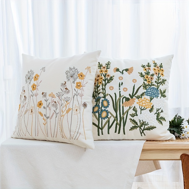 Flowers and Fern Embroidered Throw Pillow, Square Decorative