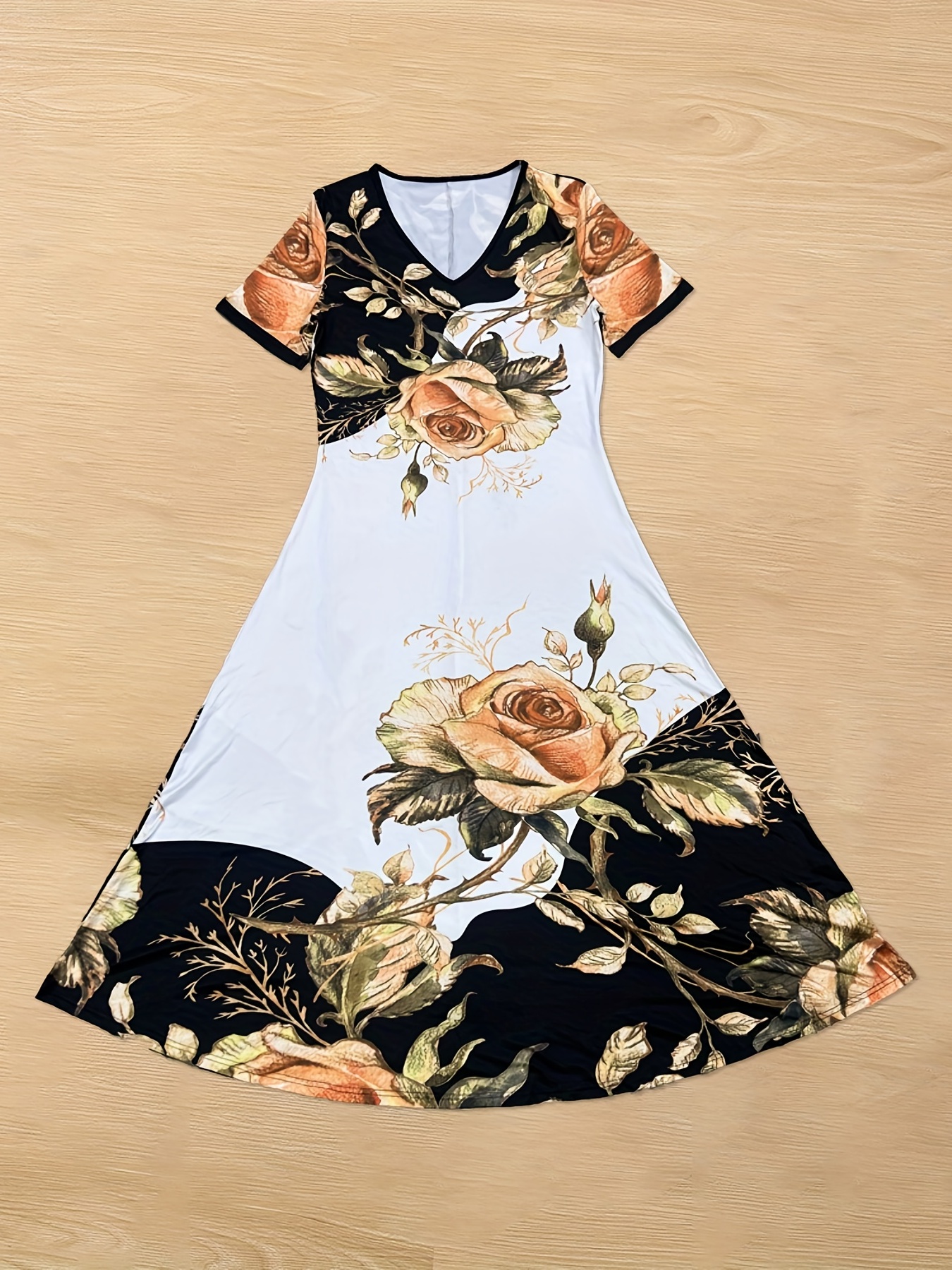 The Black V Neck Floral Short Sleeve Maxi Dress