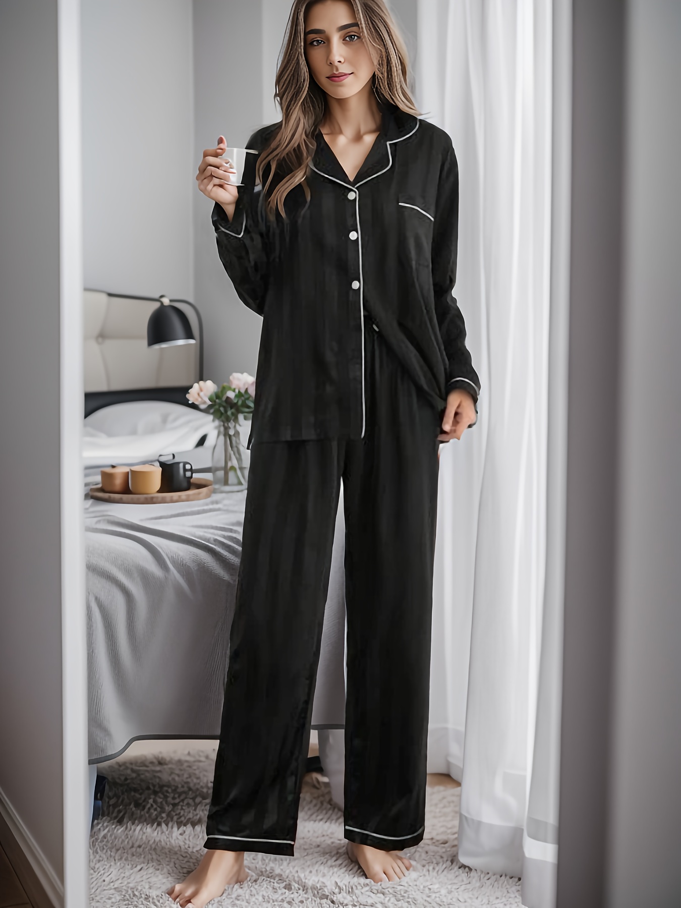 Striped Satin Pajama Set, Long Sleeve Buttons Top & Elastic Waistband  Pants, Women's Sleepwear & Loungewear