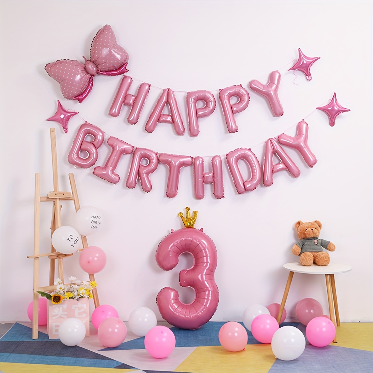 Decoración de 3er cumpleaños para niña, diseño de globos de corona con  pancarta, decoración de tartas, cortina de flecos de aluminio, suministros  de fiesta de feliz cumpleaños de tres años : 