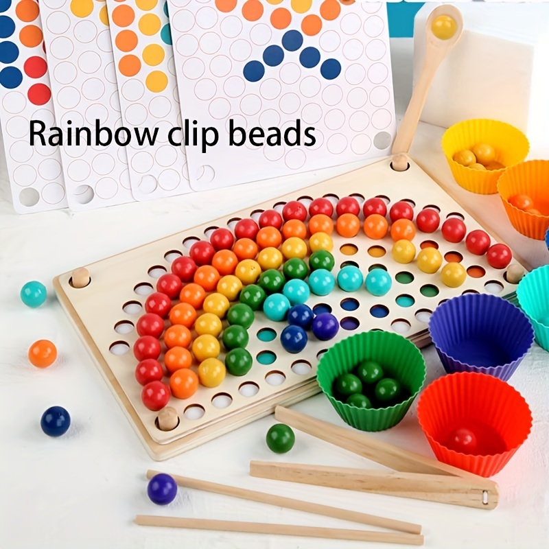 Wooden Board Bead Game Wooden Rainbow Beads Early Learning Rainbow Color  Bead Boards Color Sorting Stacking Toys for Game Learning Matching