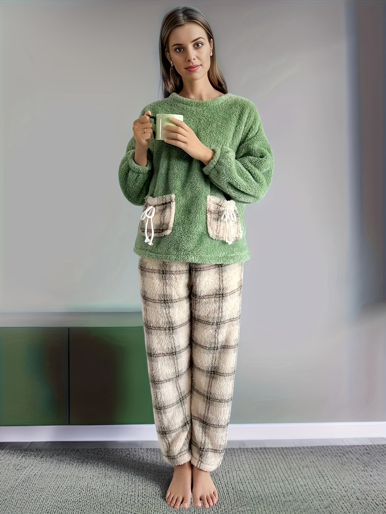 Casual Plush Pajamas Set, Thickened & Warm Long Sleeve Round Neck Top With  Pockets & Plaid Pajama Pants, Women's Sleepwear & Loungewear