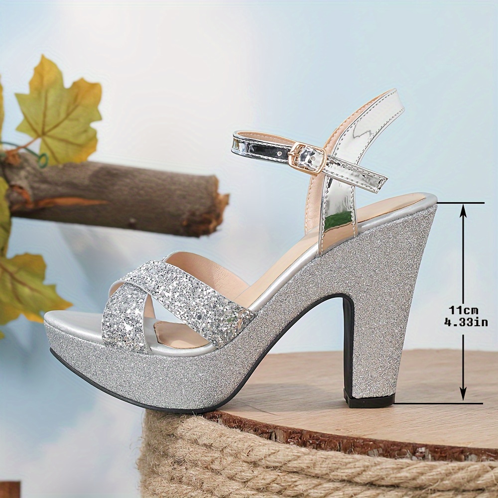 Women s Block Heeled Sandals Glitter Crisscross Peep Toe Ankle Strap Platform High Heels Fashion Party Prom Shoes