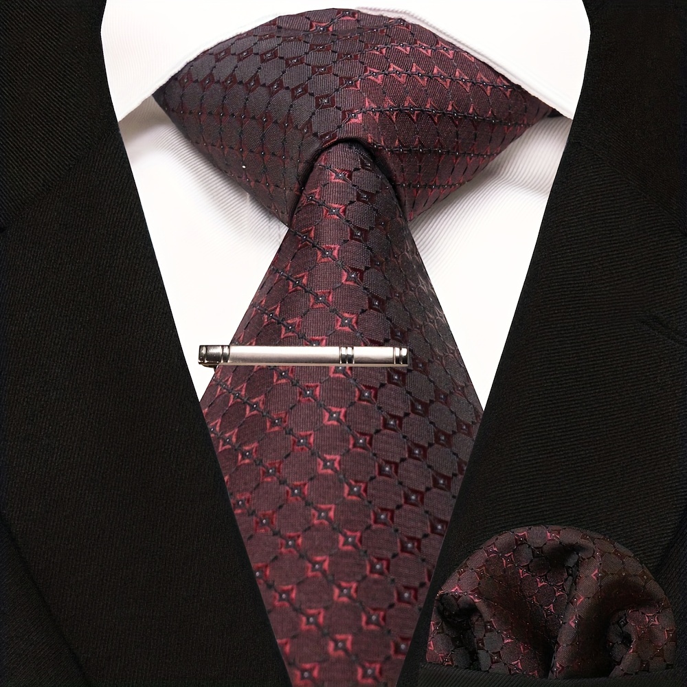 3pcs Dot Plaid Tie & Pocket Square Set w/ Tie Clip - Party & Business Men