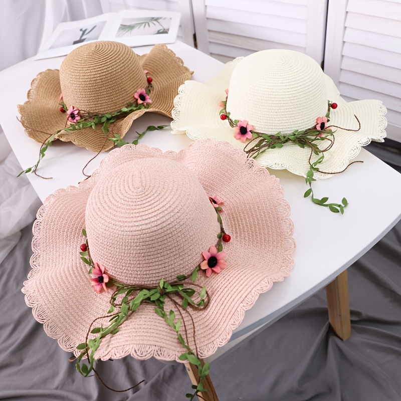 Girls Elegant Cute Flower Straw Hat Wide Brim Sun Protection