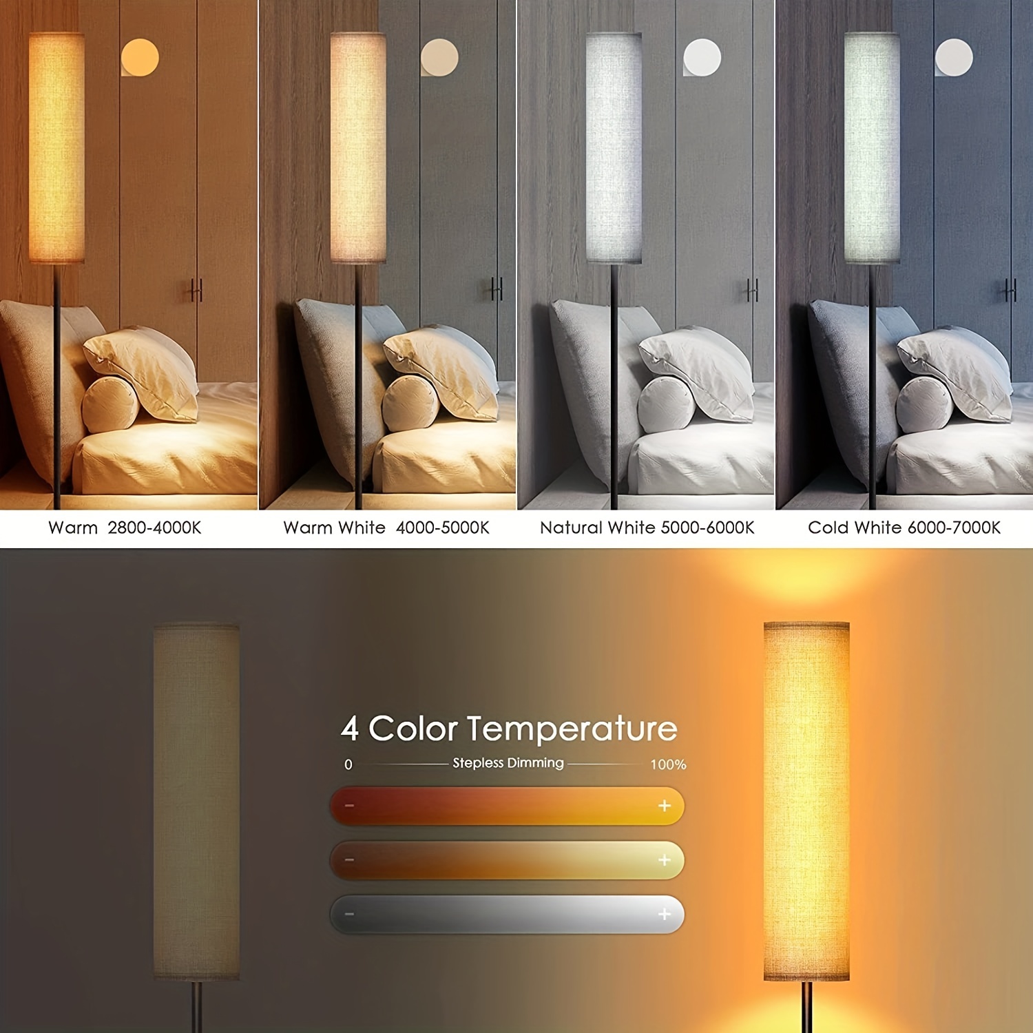 Floor Lamp, 4 Color Temperature Modern Led Standing Lamp, Stepless