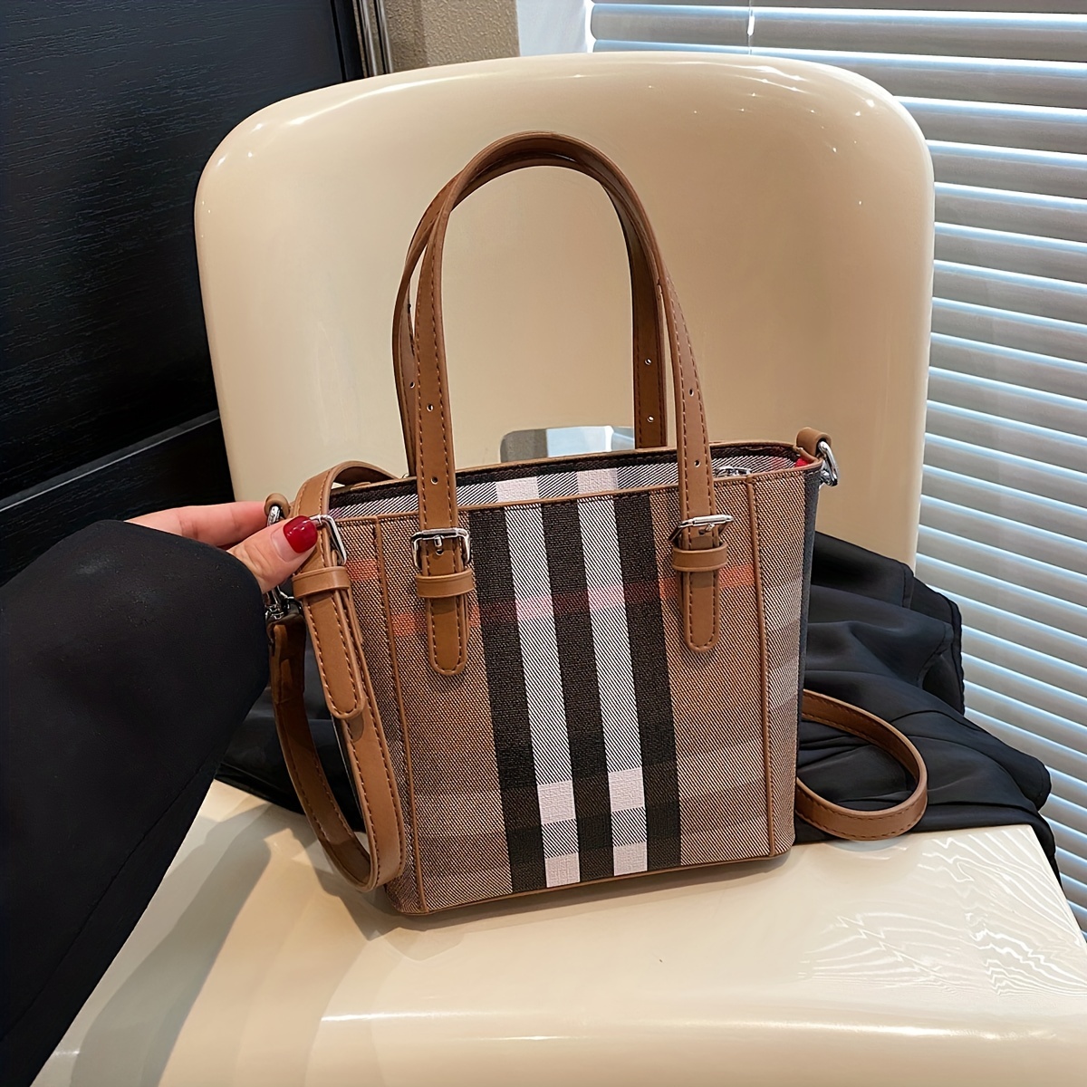 Luxury Checkered Handbag For Women, Fashion Colorblock Crossbody