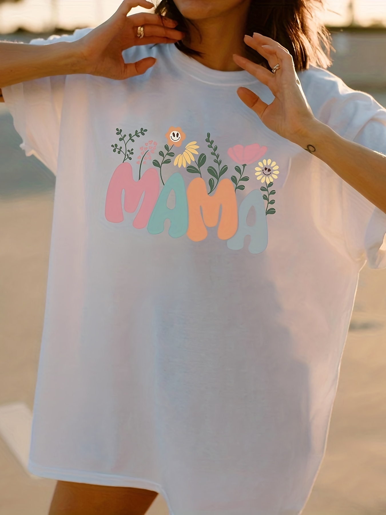 Mother's Day Print Drop Shoulder T-shirt, Casual Crew Neck Short