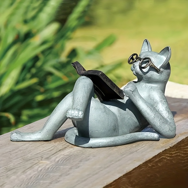 

1pc, Cat Statues For Garden Decorations, Literary Resin Cat Ornaments, Garden Statue Decor, Reading Cat Crafts, Cat With Glasses Sculpture For Patio Lawn Home Office