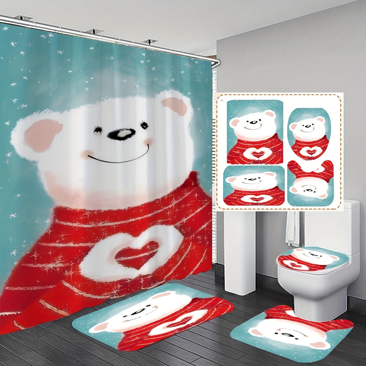 Cute Cartoon Bear Pattern Shower Curtain Set Waterproof - Temu