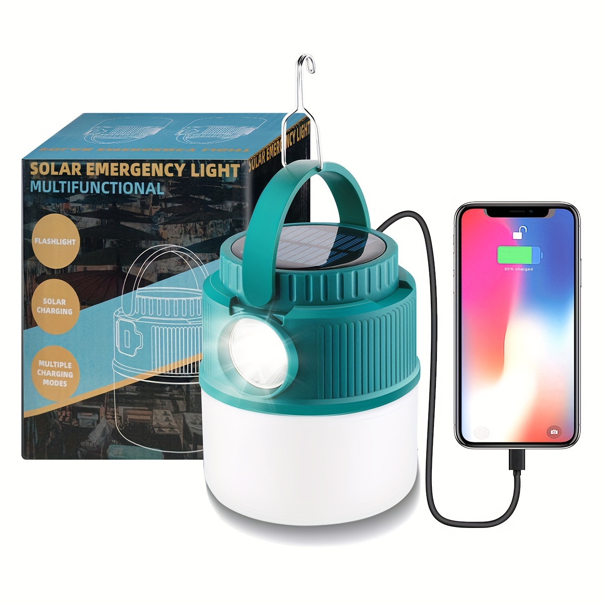 Solar camping lantern with cell charger and container