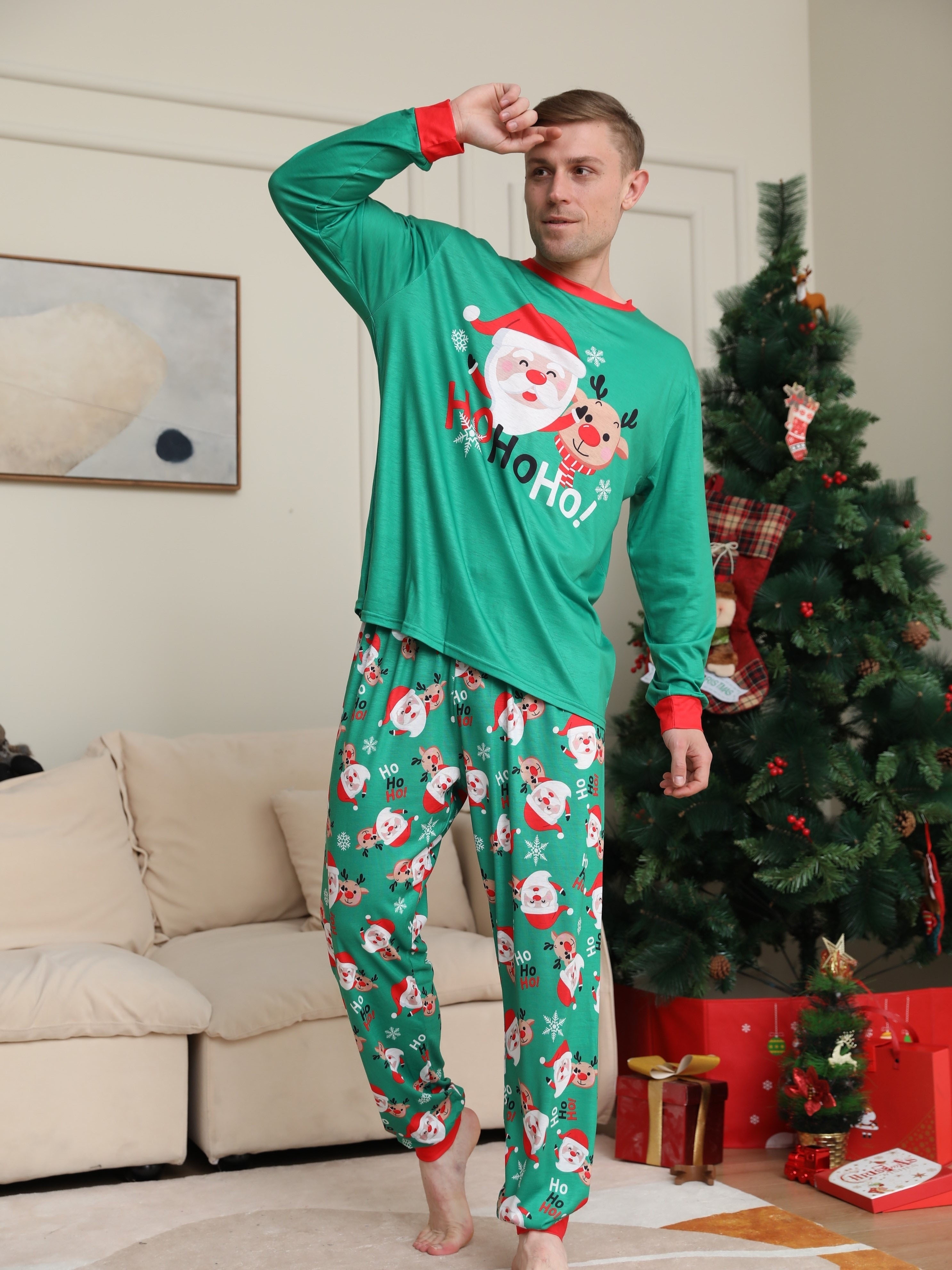 Men's Trendy Casual Christmas Pajamas Sets, Santa Claus And Reindeer  Cartoon Print Long Sleeve Crew Neck Top & Loose Pants Lounge Wear