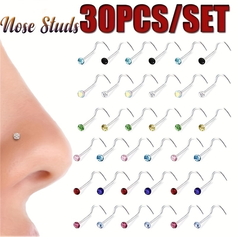 30 Pcs 2mm Rhinestone Nose Screw Ring Piercing Studs, Unisex