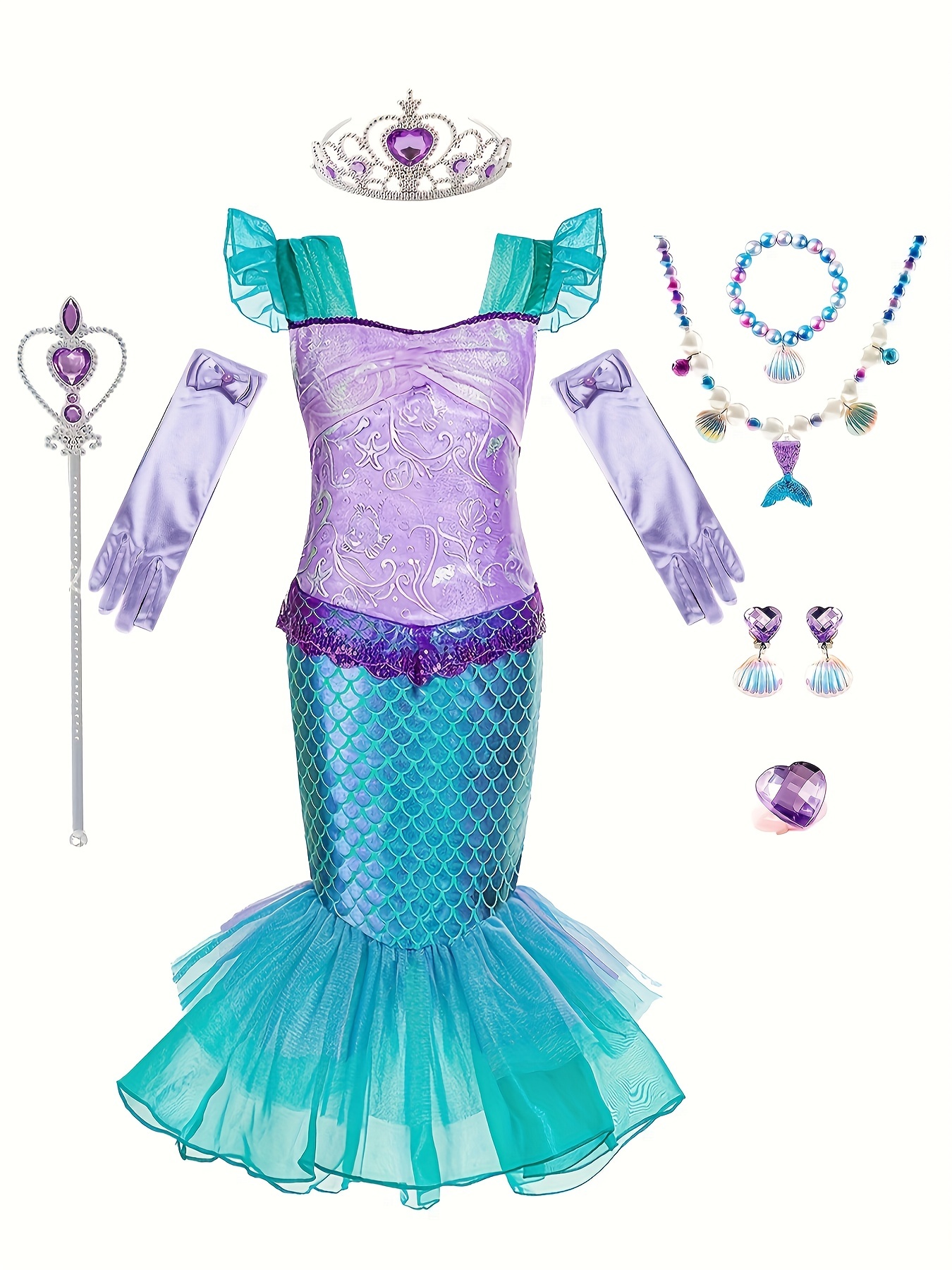 Conjunto de disfraz de sirena para niñas, vestido de sirena tutú Ariel con  diadema para regalos de cumpleaños, fiesta, Halloween
