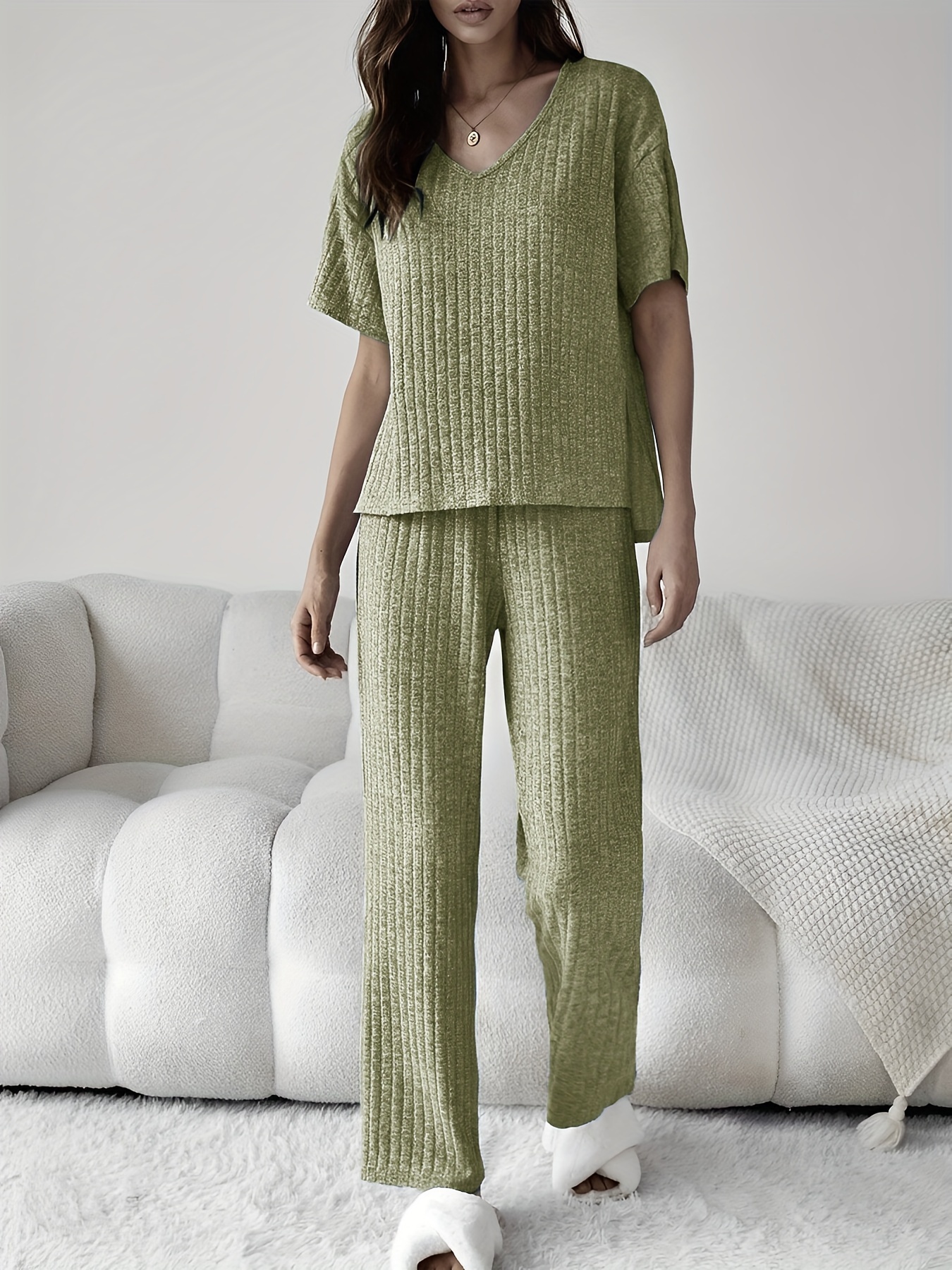 Ribbed Lounge Set Short Sleeve Top & Pants Women's Loungewear