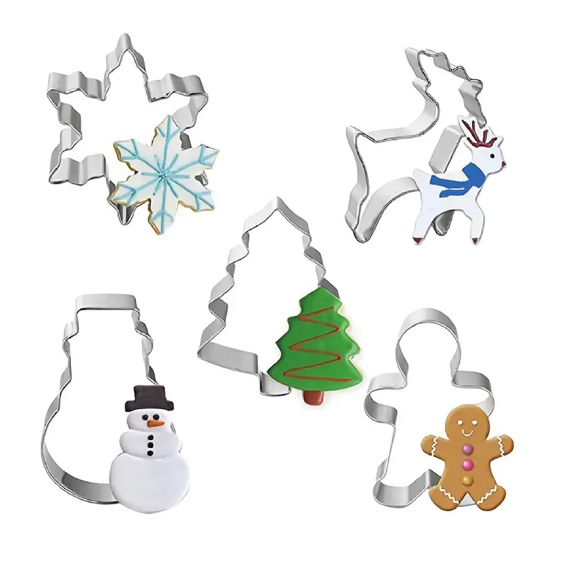 5 moldes para galletas de Navidad, cortadores de acero inoxidable, árbol de  Navidad * de nieve, muñeco de nieve, molde para hornear con forma de r