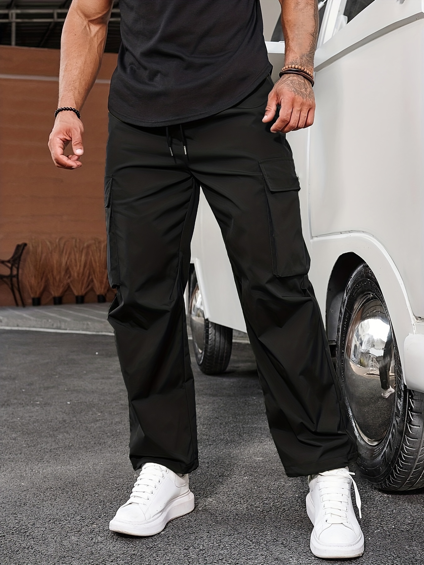 Men's Plain Black Double Sided Large Pocket Cargo Pants - Temu Canada