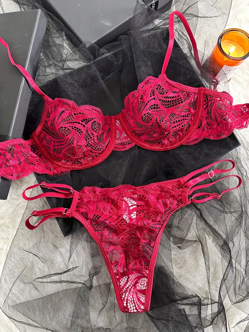 Floral Lace Lingerie Set, Sheer Unlined Bra & Cut Out Thong, Women's Sexy  Lingerie & Underwear