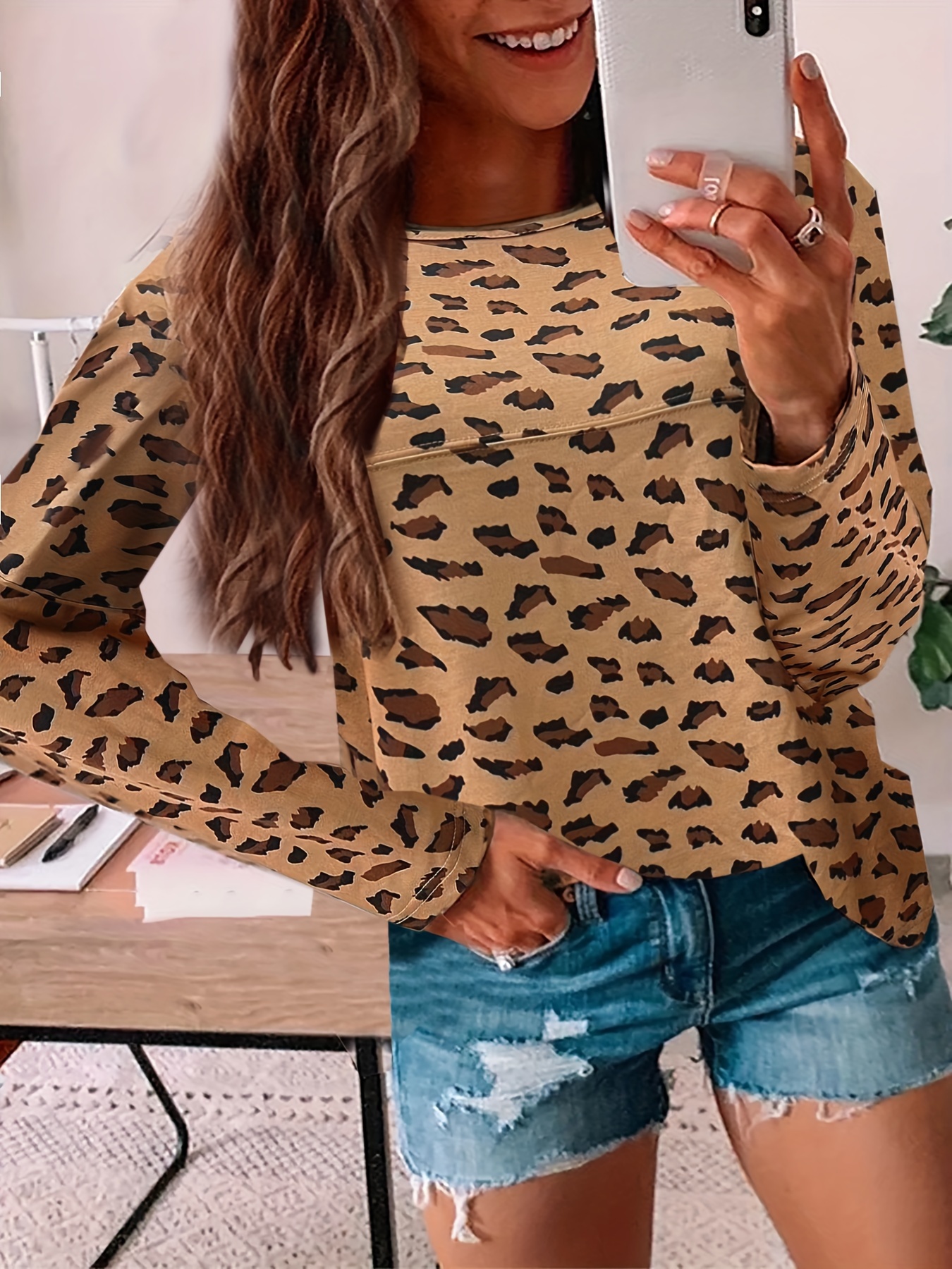 La mujer Camiseta Vintage BLUSA MANGA LARGA Leopardo Moda Mujer de