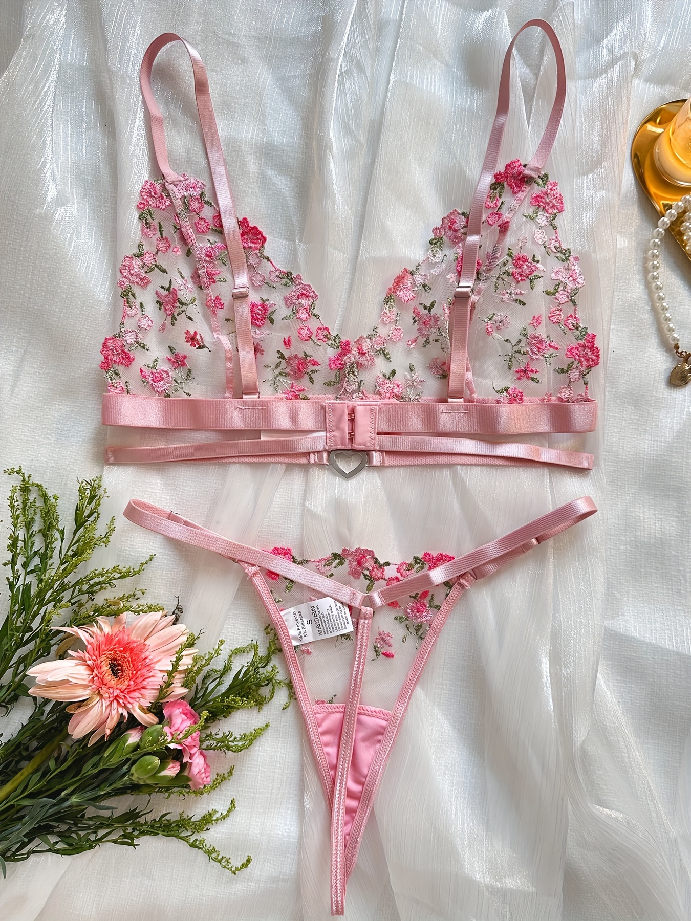 Pastel Floral Embroidered Lingerie Set, Triangle Bra, Bikini Cut
