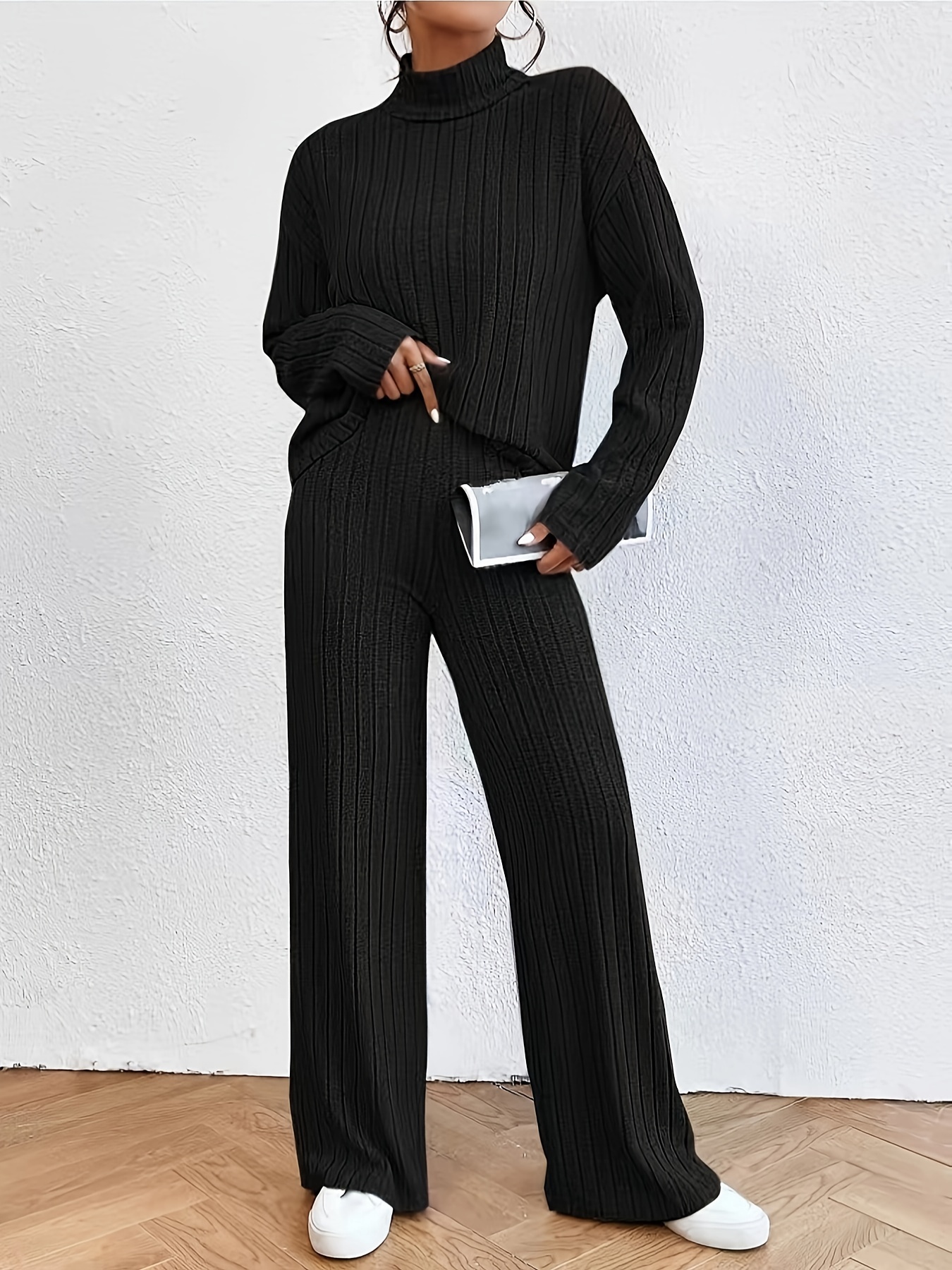 Conjunto de suéter de punto para mujer, color liso, de dos piezas, suéter  de cuello alto, cintura alta, pantalones de pierna ancha, ropa casual  (color