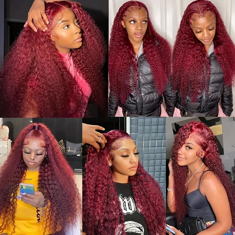 13x4 Hd Water Wave Lace Front Wig Burgundy Curly Human Hair - Temu