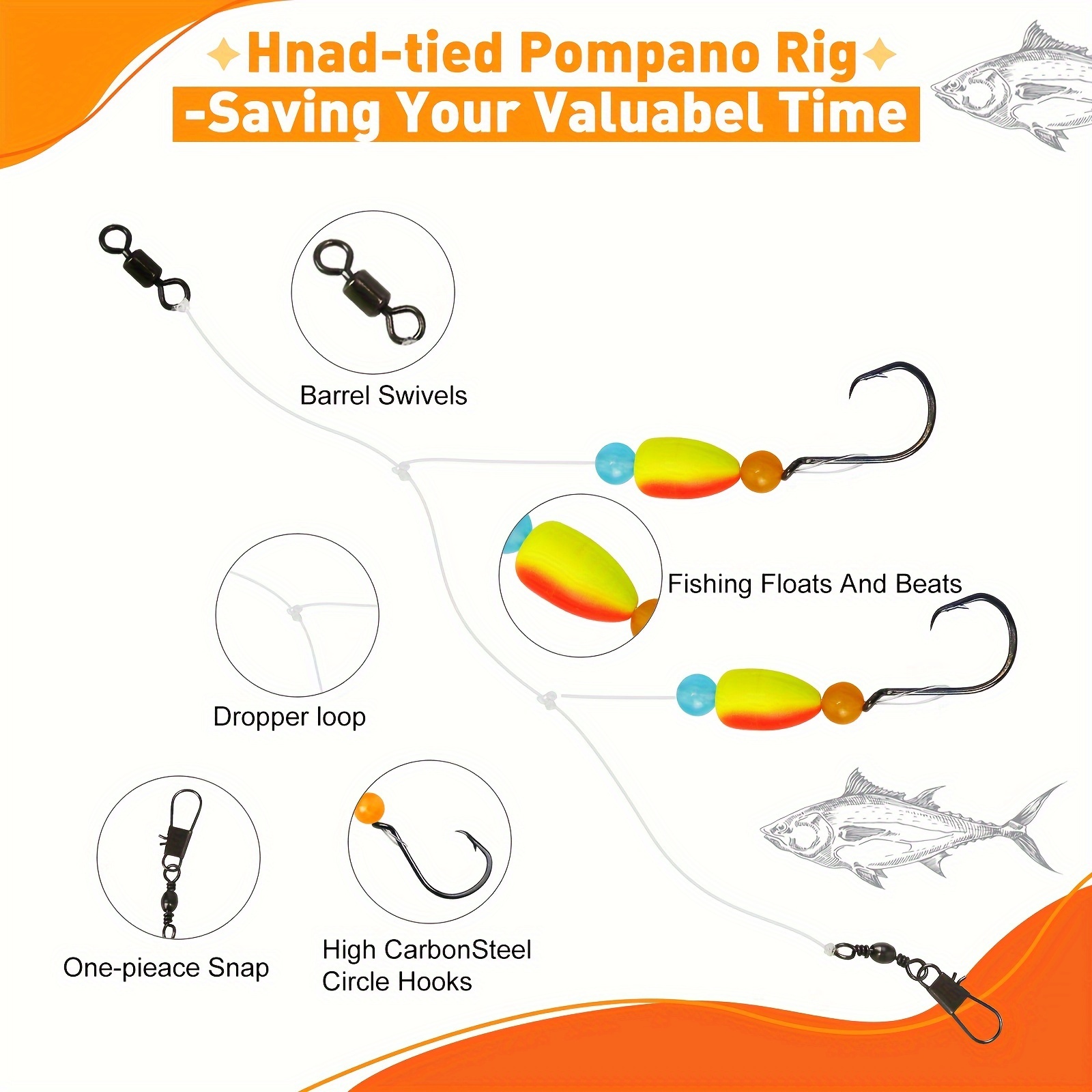 Pompano Rig with Floats Surf Fishing Rigs Swivel Snaps Circle Hooks  Saltwater