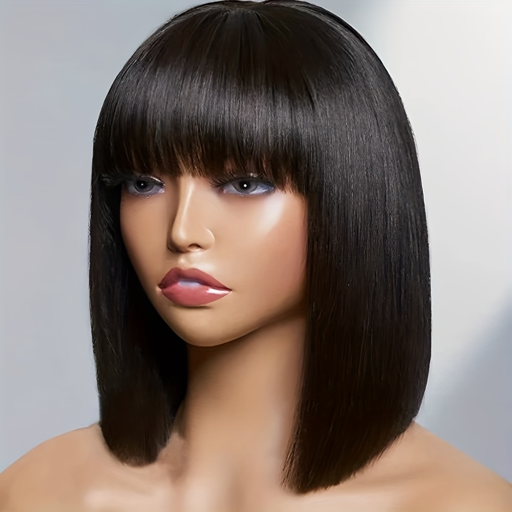 Silky Straight Synthetic Hair Wigs With Bangs 180 Density None Lace Brazilian Virgin Synthetic Hair Wigs Machine Made Wigs For Women 8 20 Inch