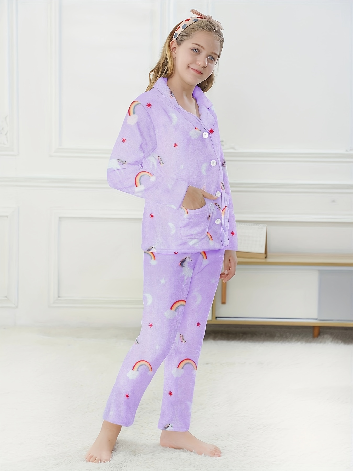 Women's 2 Piece Fleece Pajamas Set Button Down Rollneck Top with