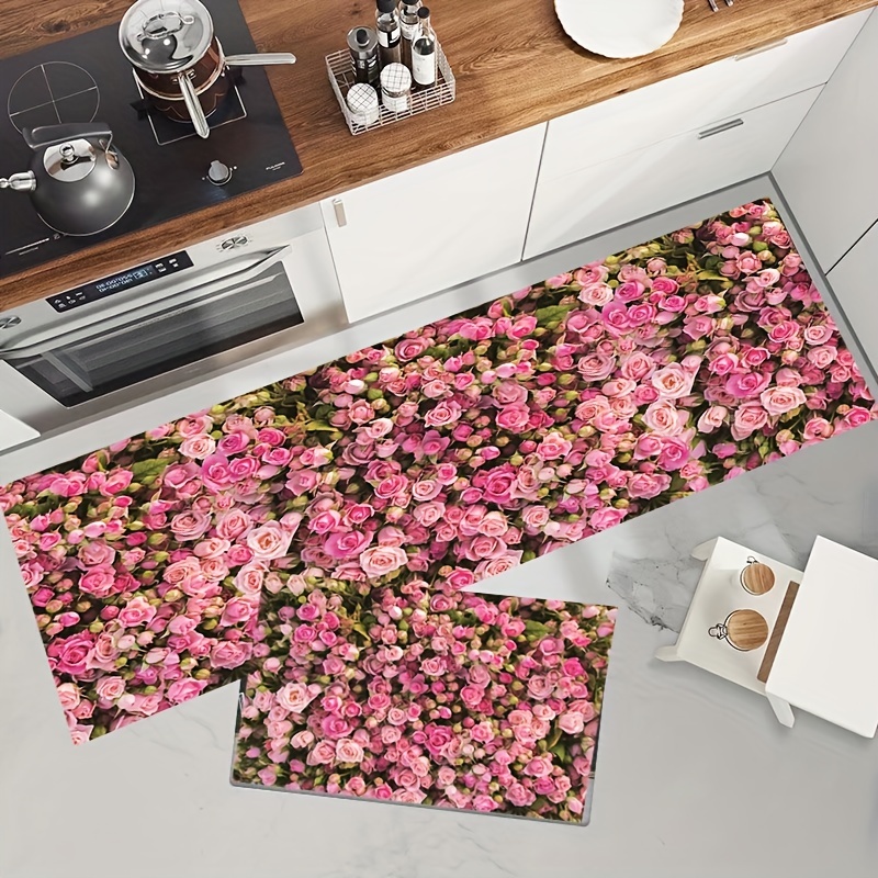 Pink Floral Kitchen Rug Mat, Pink Kitchen Rugs Sets Of 2 Washable