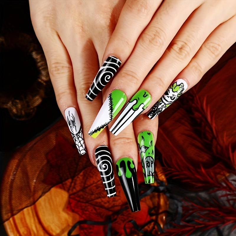 Extra Long Coffin Fake Nails, Halloween Press On Nails With Cute