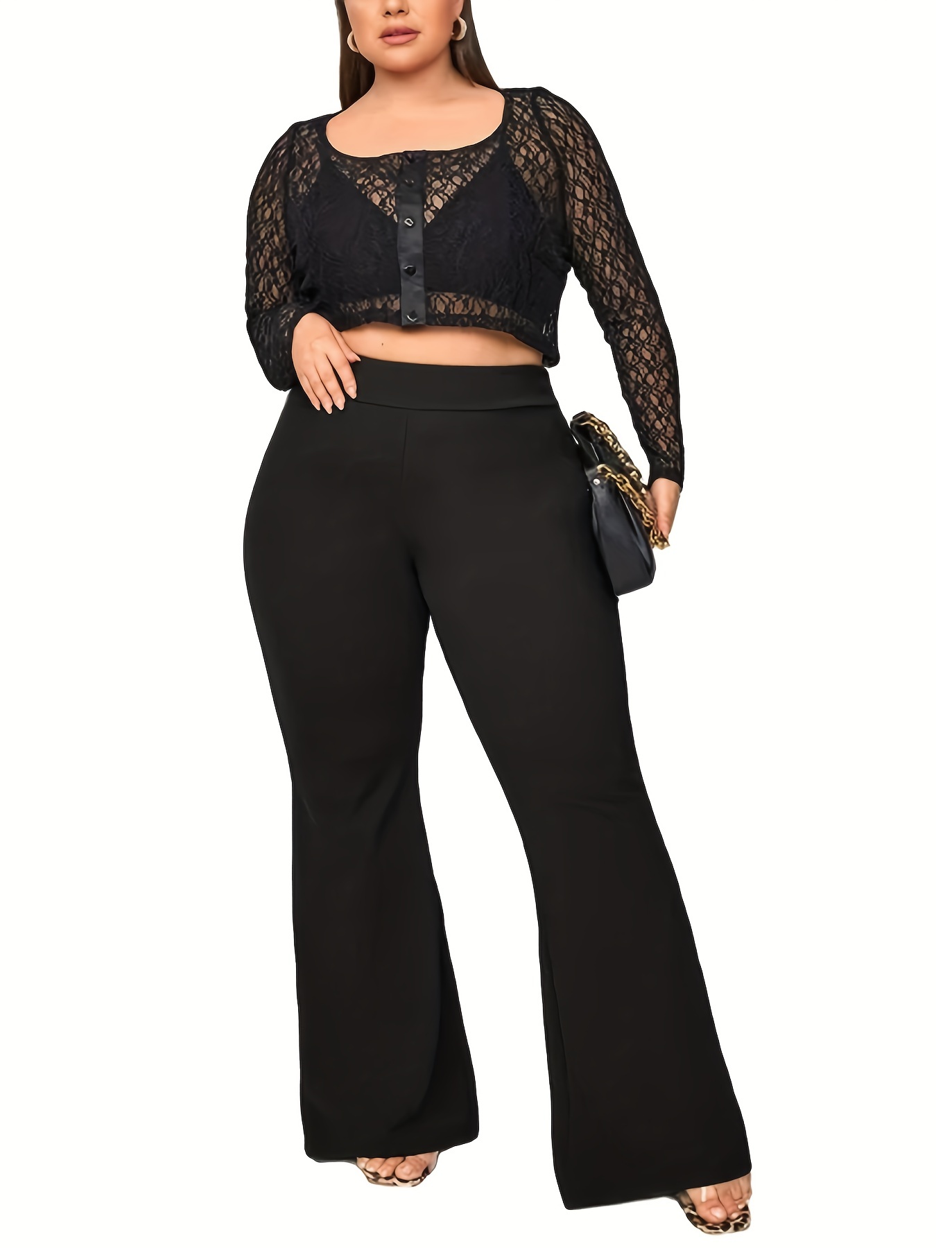 Plus Size Business Casual Pants, Women's Plus Solid Elastic High Rise  Medium Stretch Flared Leg Trousers