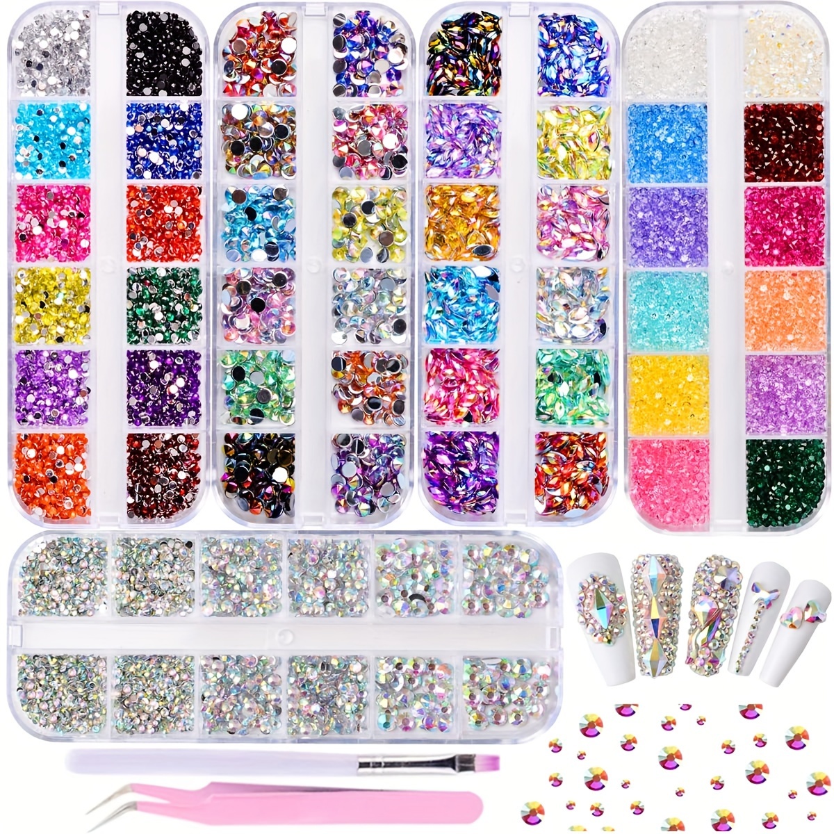 

5 Boxes Shiny Colorful Nail Art Rhinestones Multicolor Nail Crystal Gems Stone Kit With Curved Tweezers And A Nail Brush