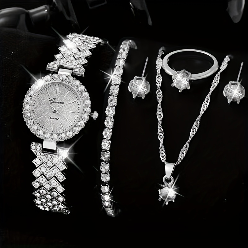 

1pc Rhinestone Decor Quartz Watch Elegant Analog Wristwatch & 5pcs Jewelry Set, Festival Gift For Women