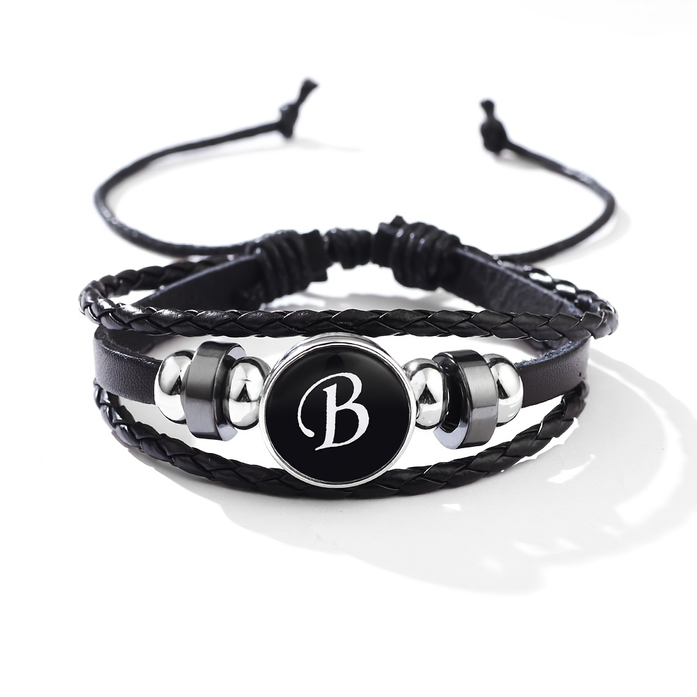 Classic European and American Style Minimalist Bracelet,  and Fashionable 26 English Letters Woven PU Leather Black Onyx Bracelet Jewelry