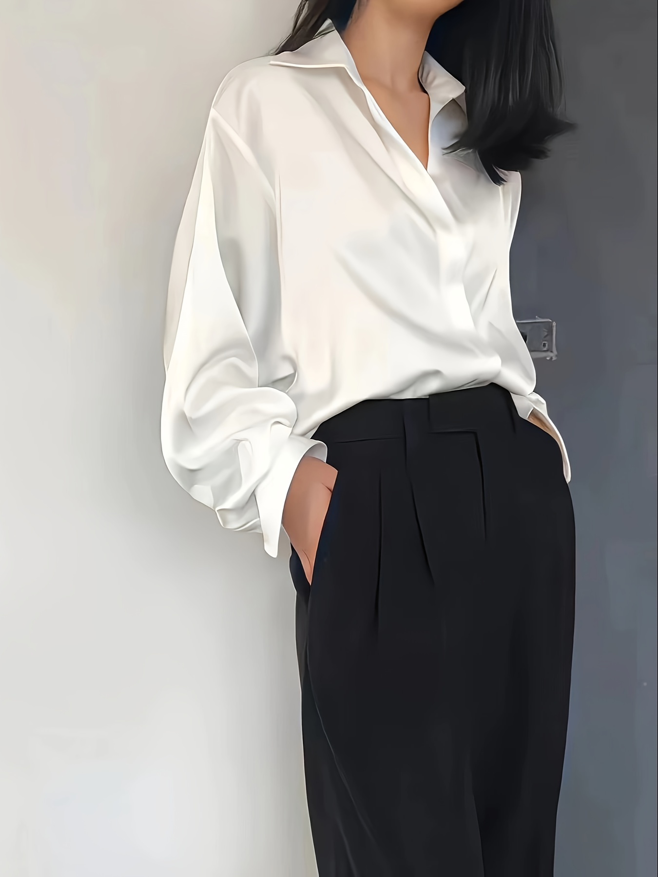 Elegant Long Sleeve Button-Up Blouse for Women - Chic Acetate Top with Lapel Collar, Solid Color, Perfect for Office or Casual Wear, All-Season Comfort, Stylish Blouse | Classic Long Sleeve | Smooth Texture