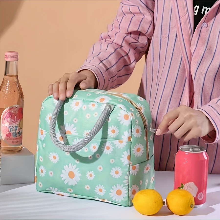 Daisy Print Lunch Bag, Portable Insulated Lunch Box Storage Bag For Outdoor