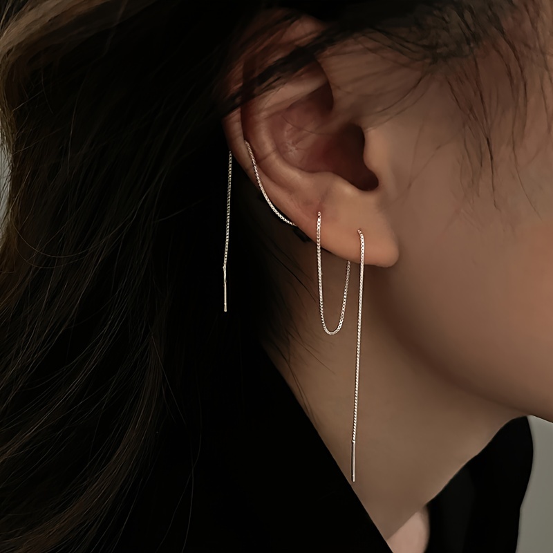 

1pair Minimalist Threader Long Stud Earring Hoop Silver Color Simple Tassel Chain Clip Earrings For Women Ear Line Accessories Gift