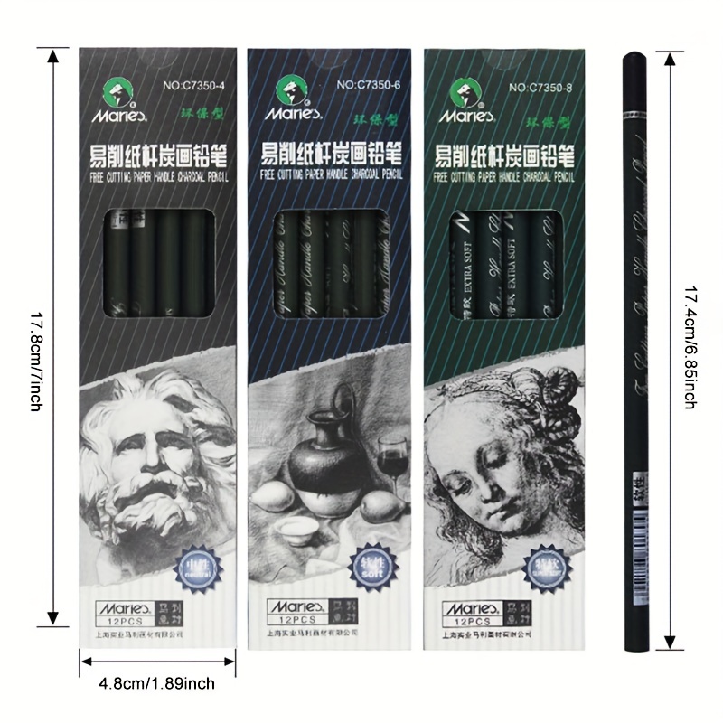 Maries Artist Charcoal Pencil 12 Piece Set, Soft Black Paper Handle  Charcoal Pencils for Drawing and Sketching