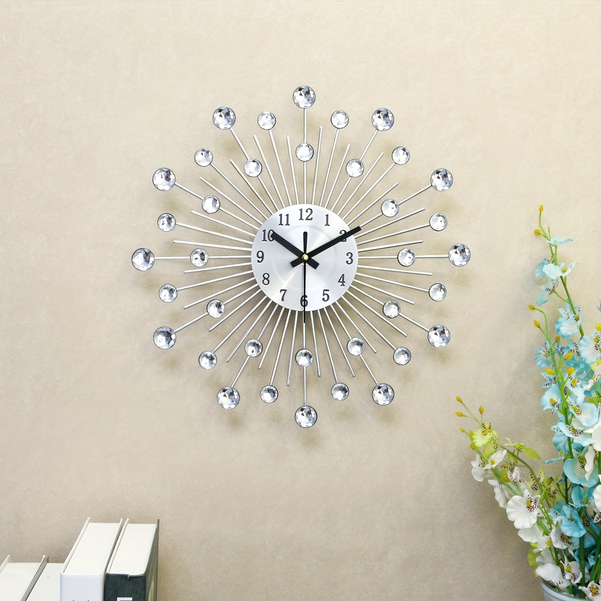 Beautiful Large Crystal Metal Wall Clock Silent Kitchen Bedroom