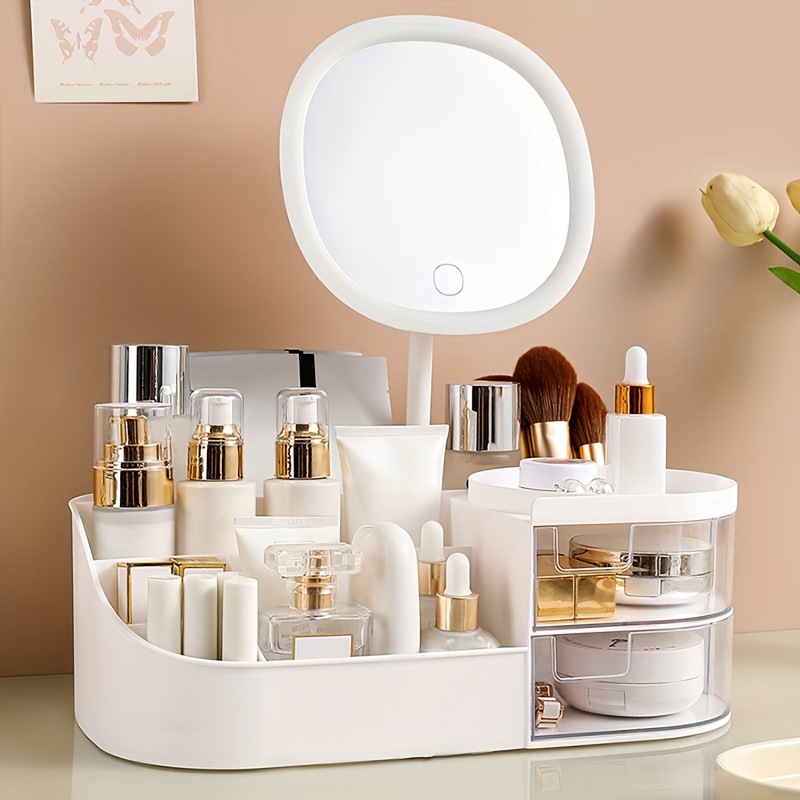 Organizador de maquillaje con espejo LED, cajón de gran capacidad para  baño, caja de almacenamiento de maquillaje, tocador para el cuidado de la  piel