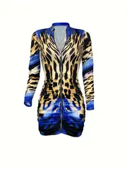 leopard print zip up dress party club wear long sleeve bodycon dress womens clothing details 9