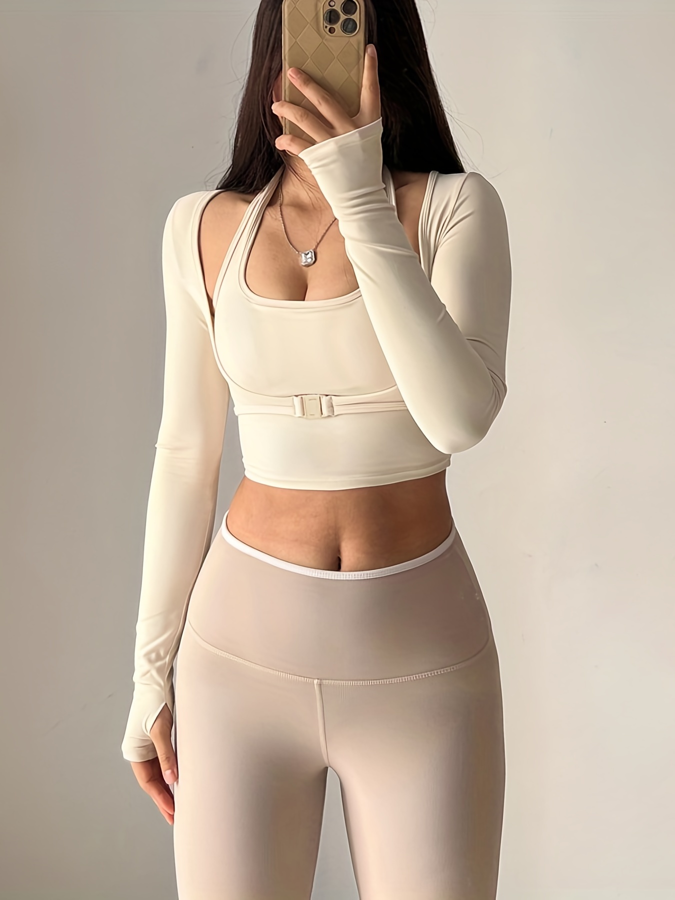 Women's Ribbed Halter Strap Thumb Hole Cropped Yoga Sports Top