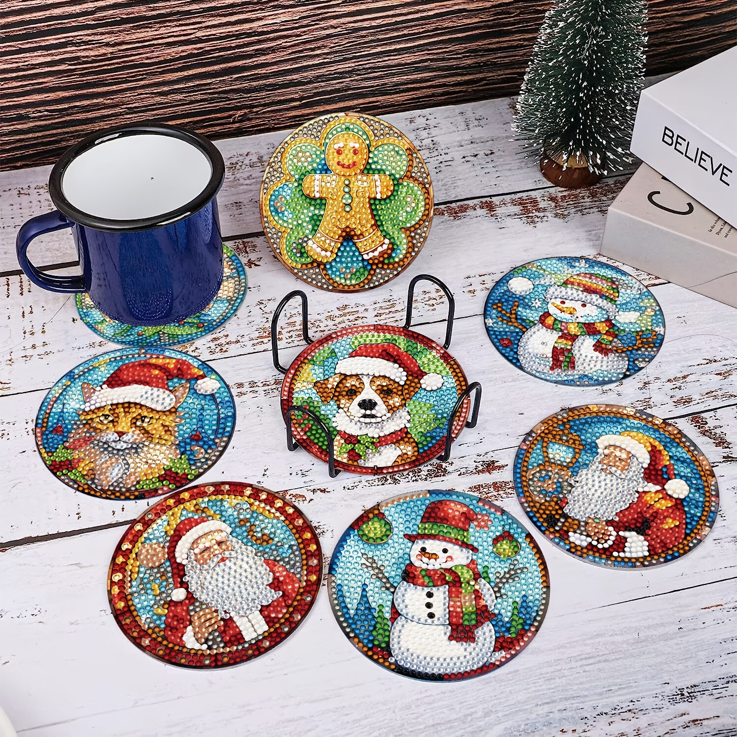 Diy Christmas Artificial Diamond Painting Coasters Set With - Temu