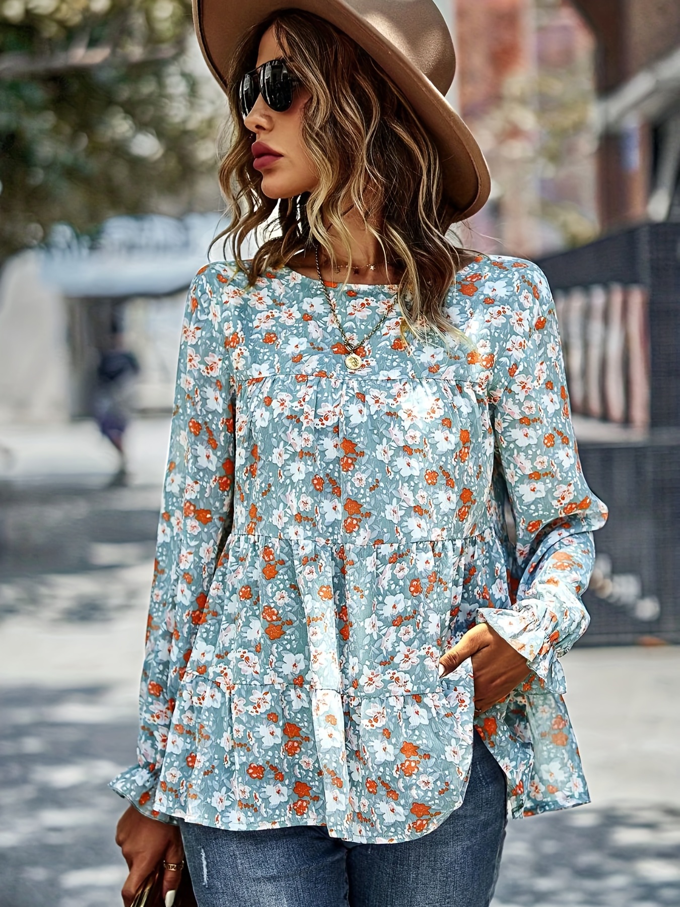 Floral Print Tiered Blouse, Casual Crew Neck Long Sleeve Blouse